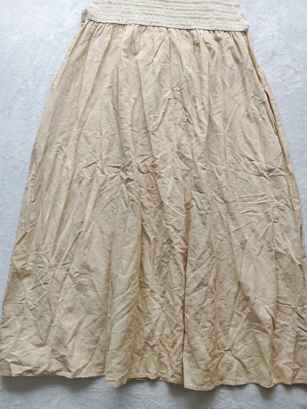 ZARA Beige Cotton Linen Midi Dress Size L Smocked Bodice Pockets Coastal Boho - Picture 3 of 13